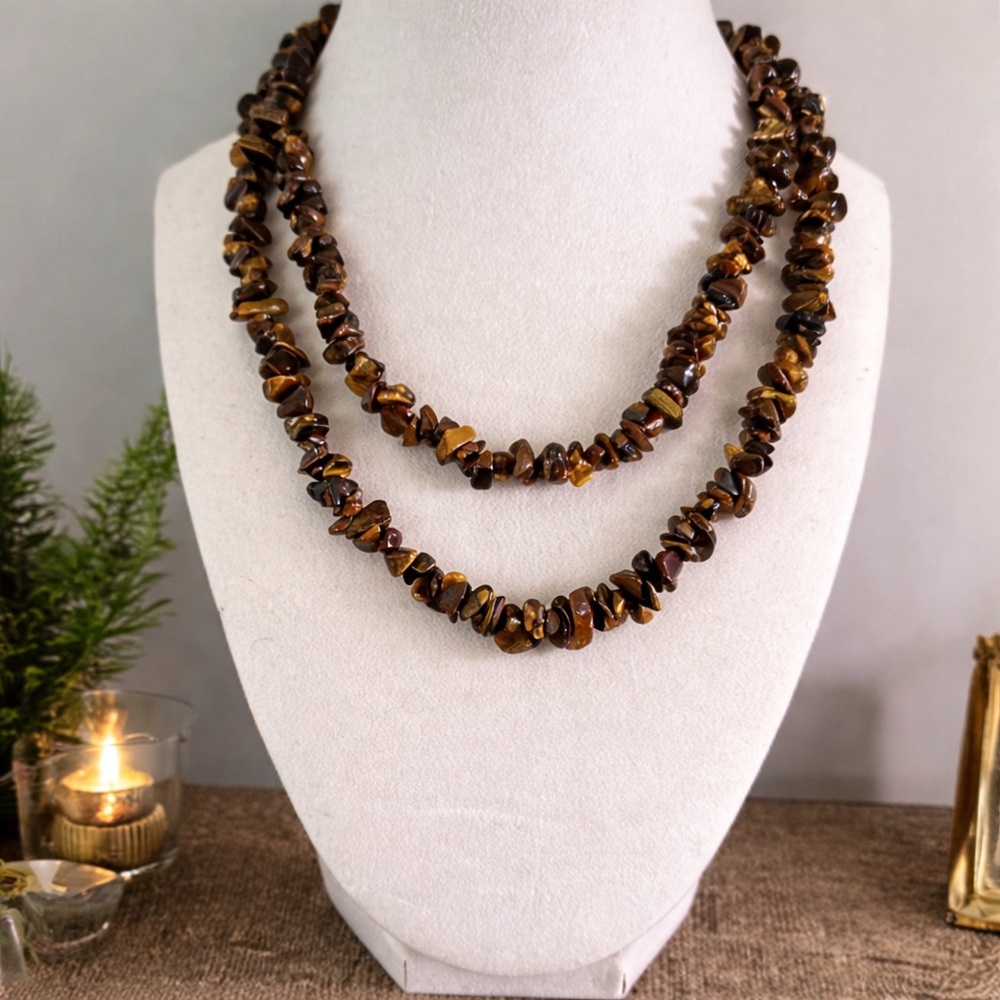Vintage Tiger’s Eye Chip Bead Long Necklace Natural Stone Boho Layering Strand